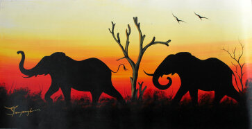 1022 Elefanten handgemalt auf Leinwand 31 x 61 cm aus Südafrika
