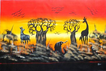 1031 Giraffen, Elefanten, Zebra  handgemalt auf Leinwand 51 x 76 cm aus Südafrika