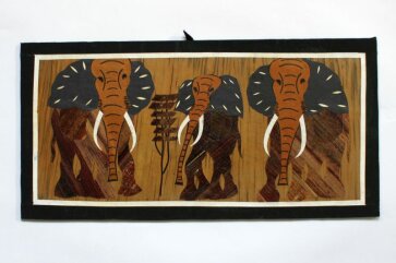 1035 Bild mit 3 Elefanten aus Bananenblättern handgefertigt 20 x 40 cm aus Südafrika